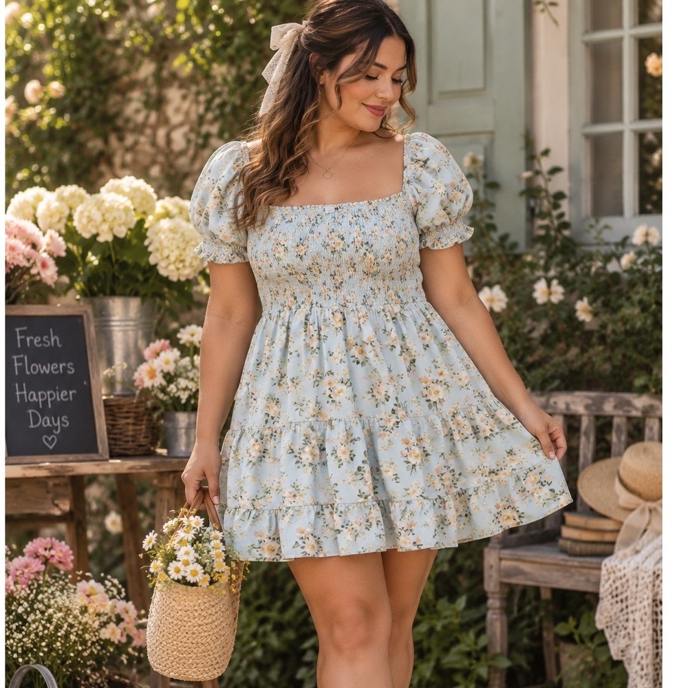 American Eagle Cottagecore Floral Smocked Puff Sleeve Mini Dress Women Large